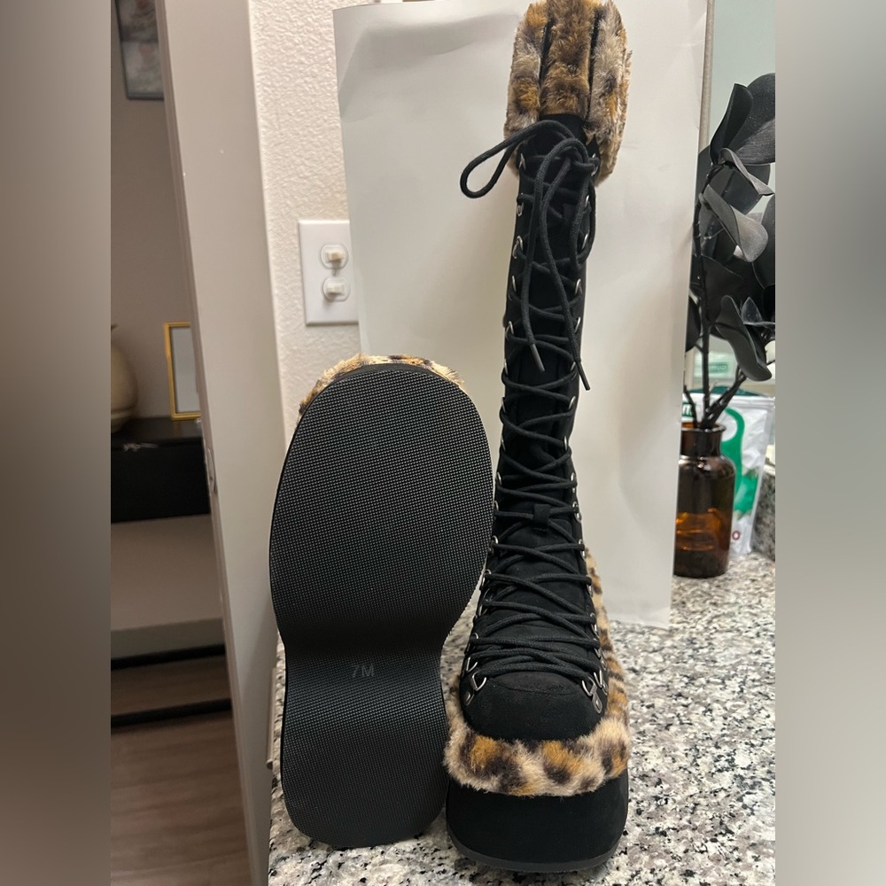Dolls Kill Black Lace-Up Boots with Leopard Trim - Picture 4 of 4
